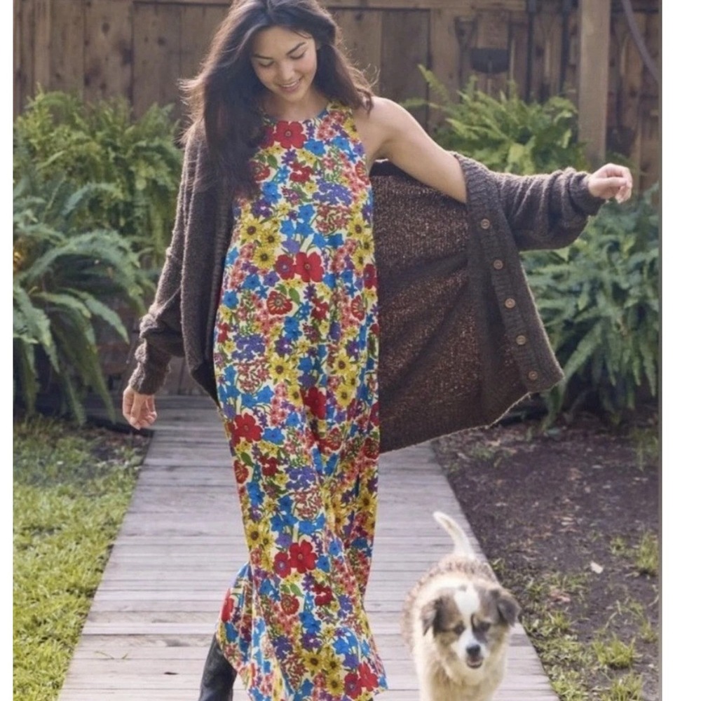 Natural Life Katie Floral Maxi Dress Multi-Color Pockets Boho L/XL Cottagecore